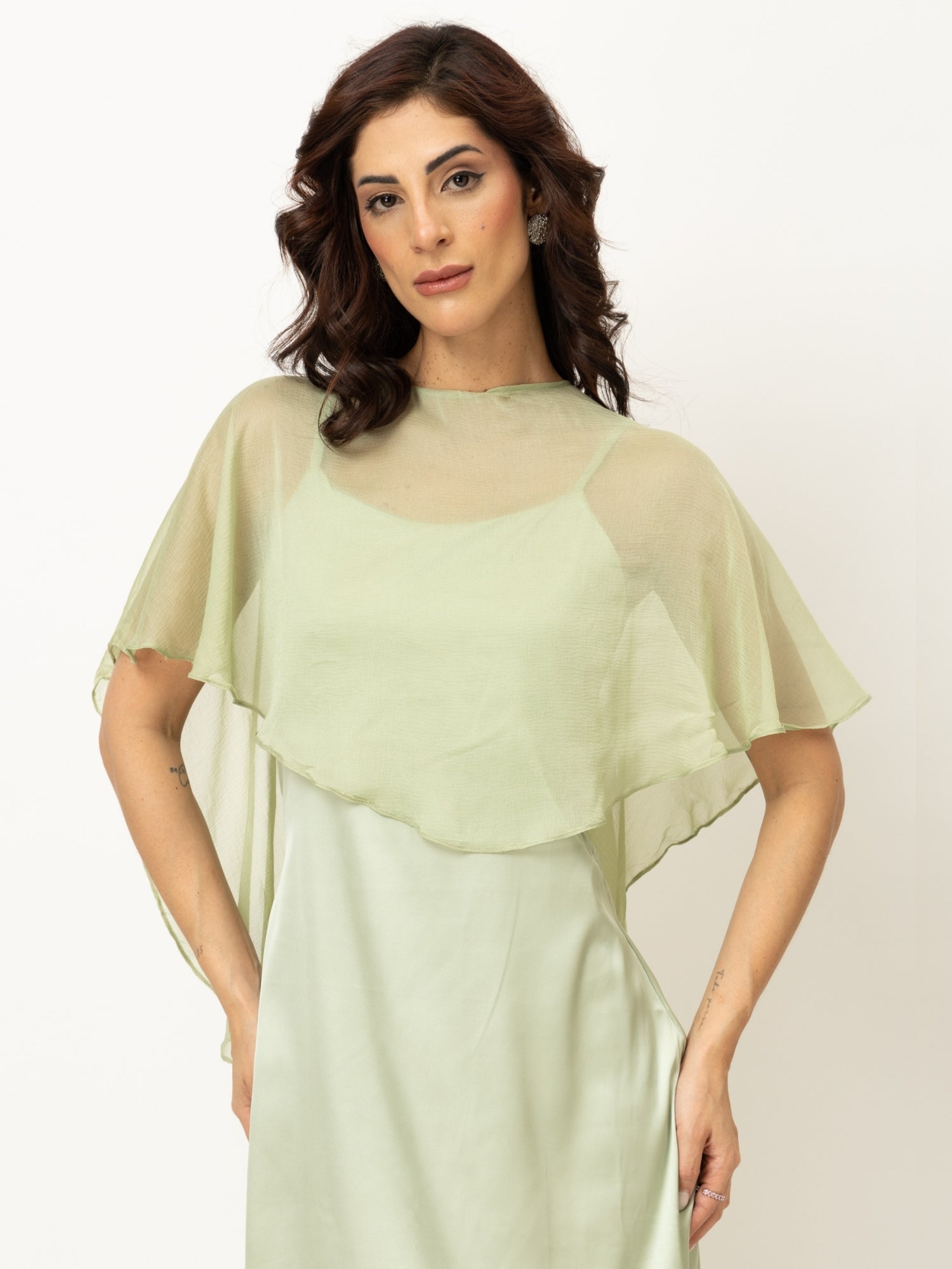Sage Green Satin Slip Dress With Dupatta