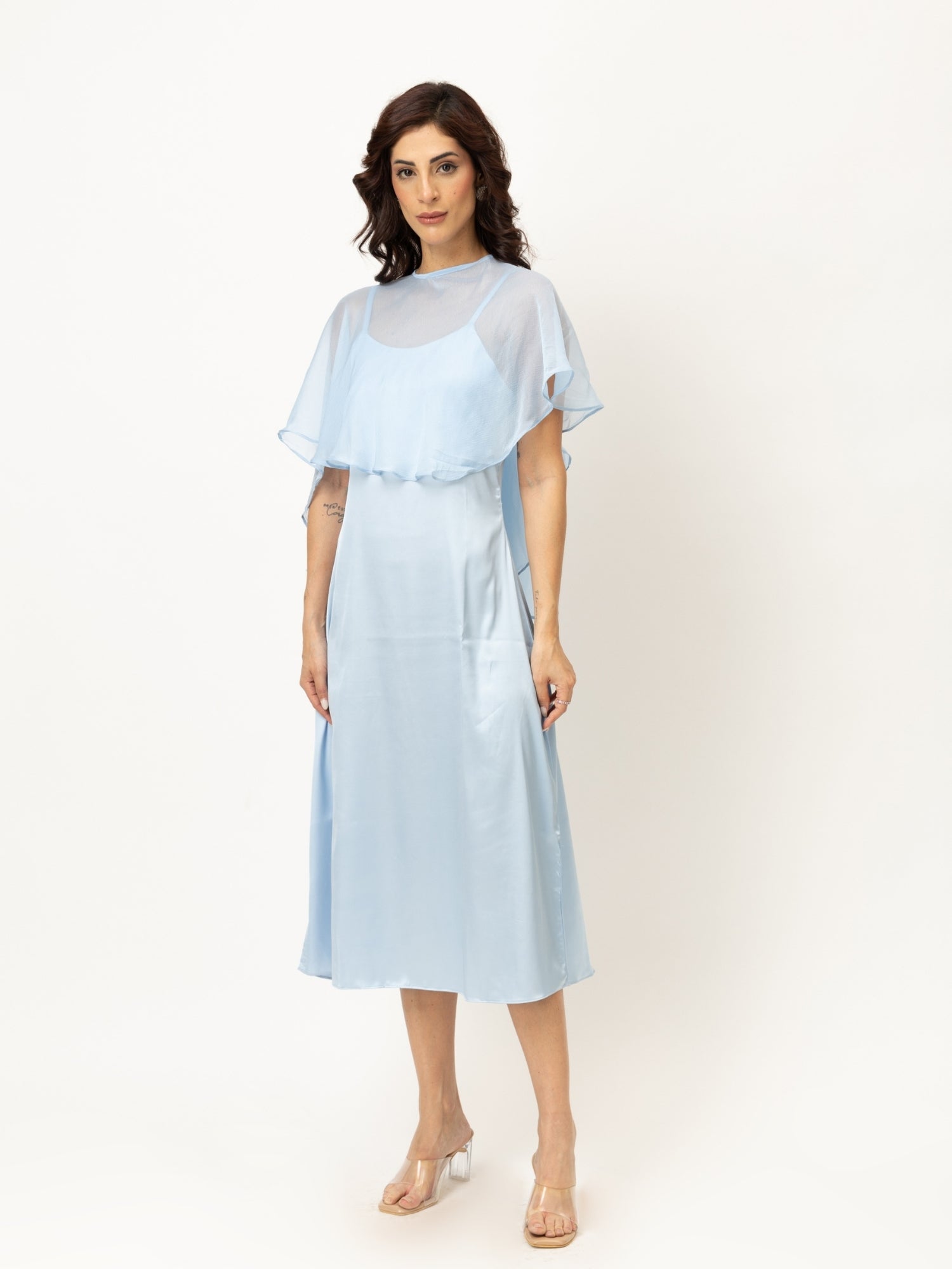 Powder Blue Satin Slip Dress with Dupatta