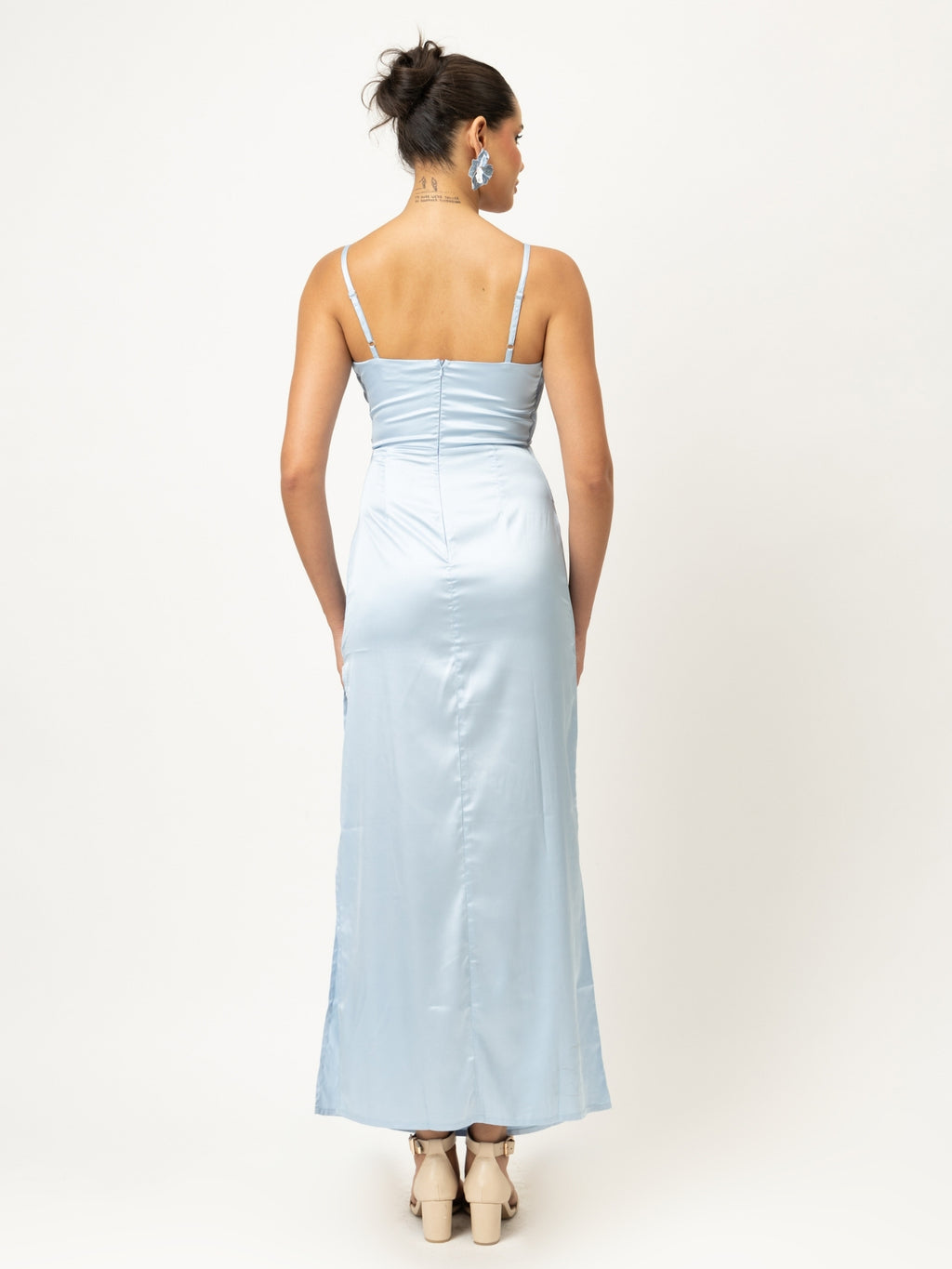 Powder Blue Satin Slit Maxi Dress
