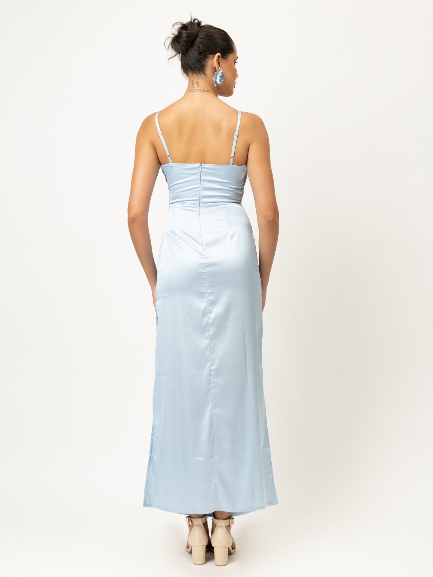 Powder Blue Satin Slit Maxi Dress