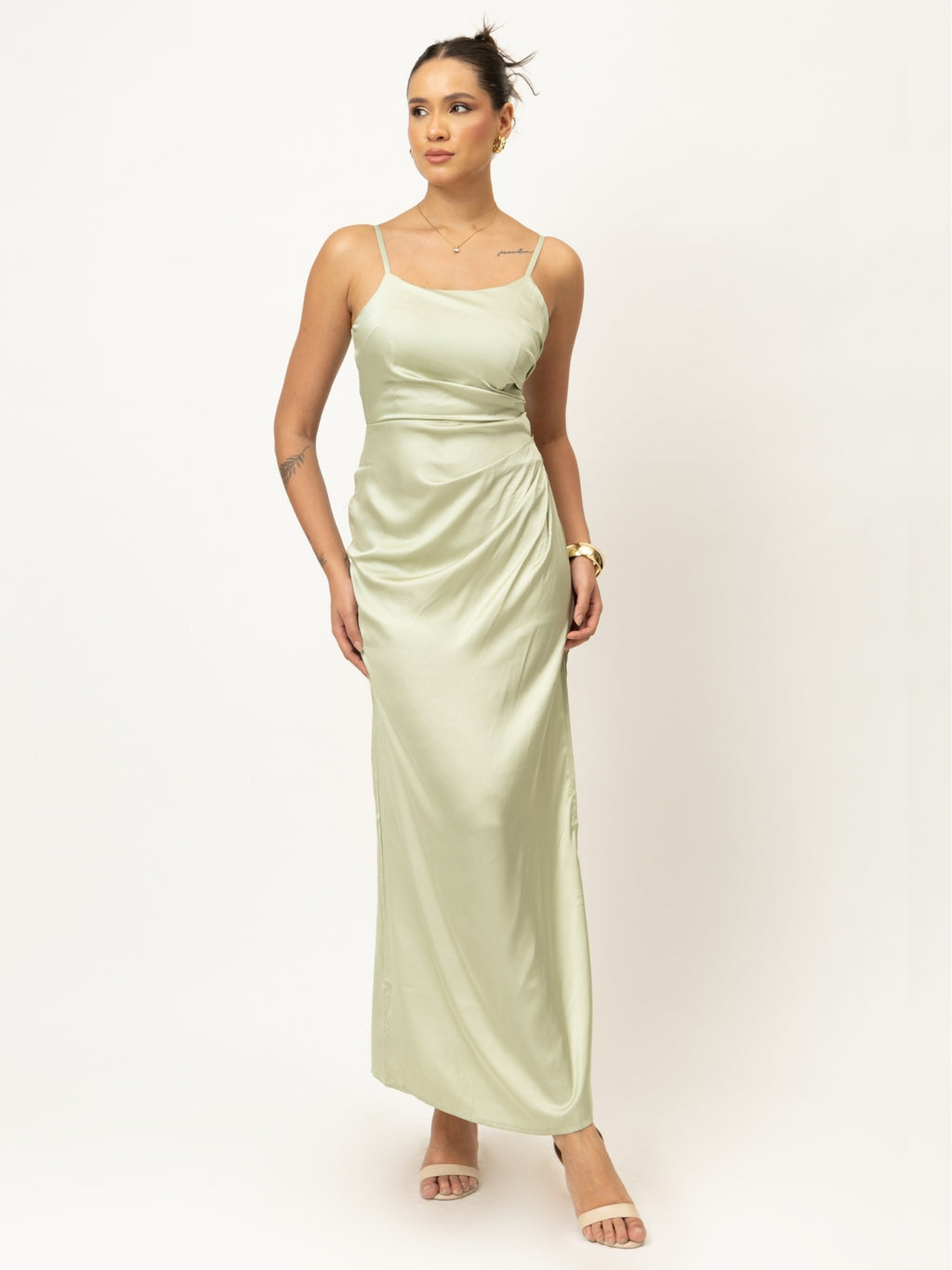 Sage Satin Slit Maxi Dress