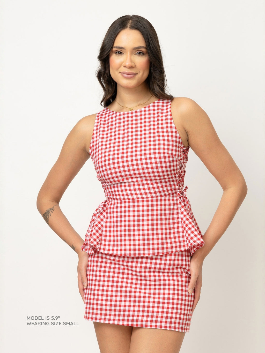 Red Gingham Drawstring Top