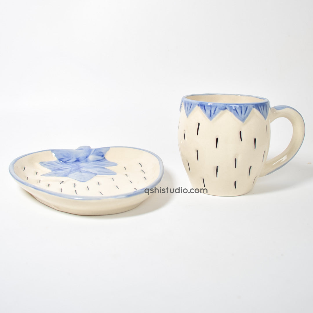White/Purple Strawberry Tea Cup & Plate Set