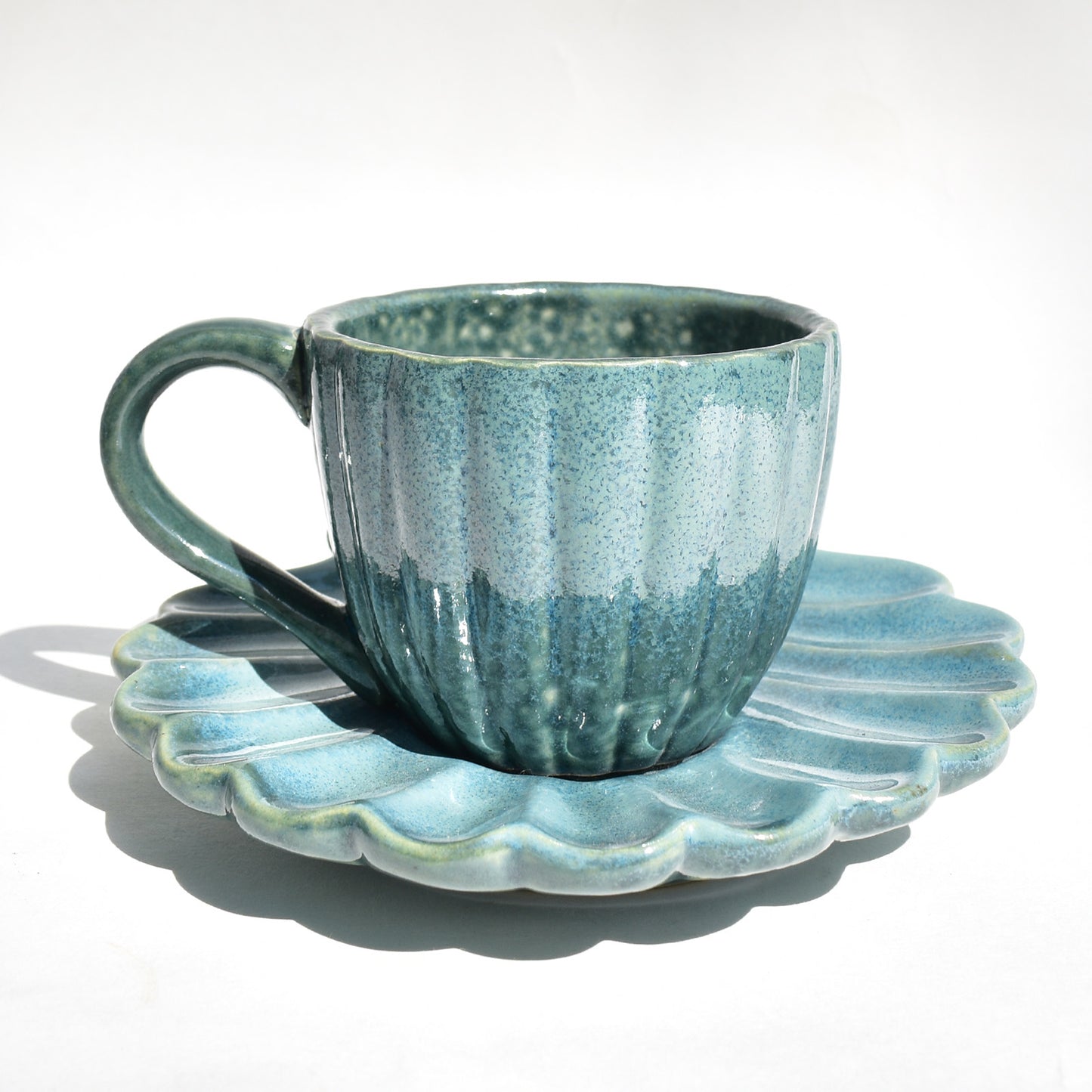 Ceramic Teal Cup and Seashell Coaster Set