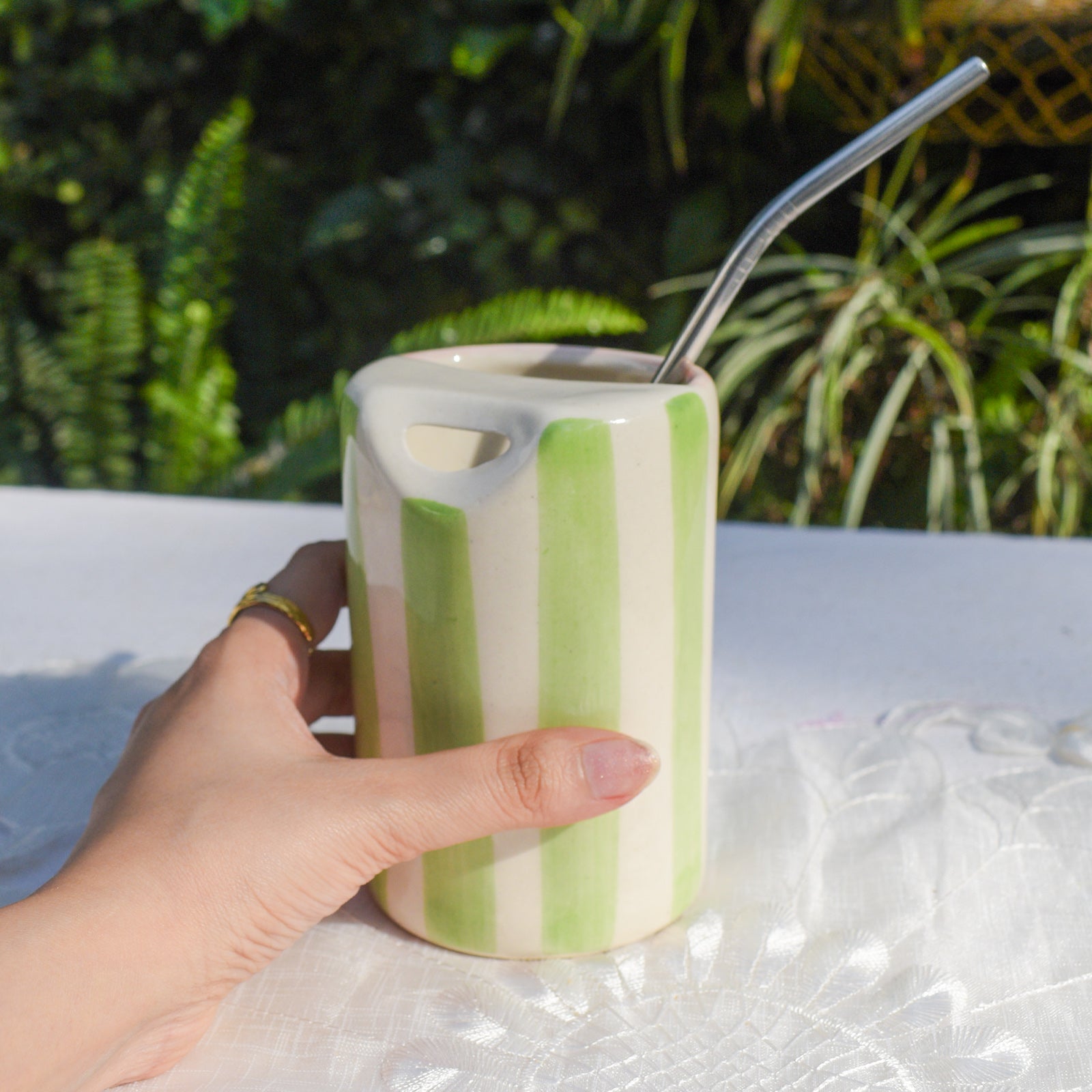 Ceramic Sip Tumbler - Green Stripe