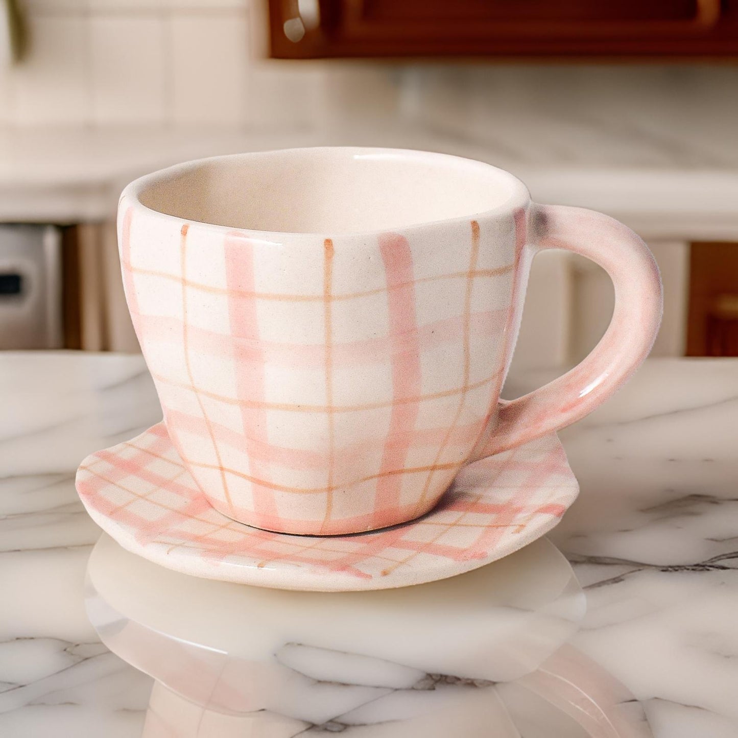Handmade Cute Ceramic mug & Coaster Set - Plaid