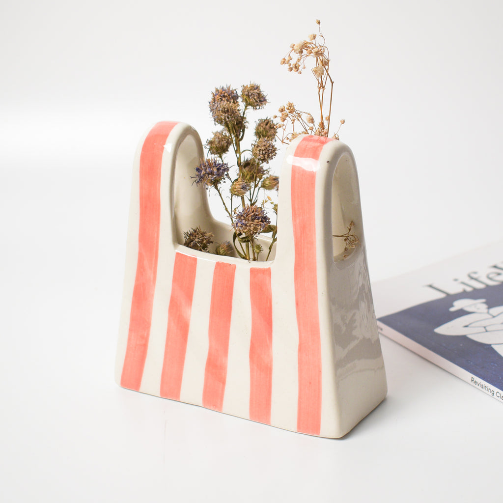 Small Bag Ceramic Vase - Pink Stripe