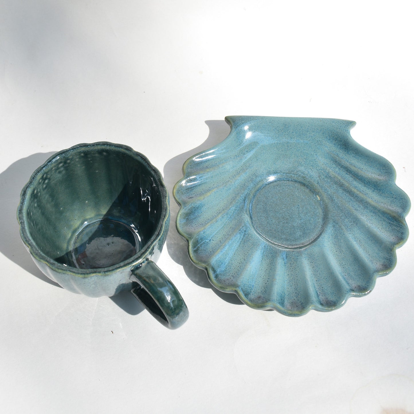 Ceramic Teal Cup and Seashell Coaster Set