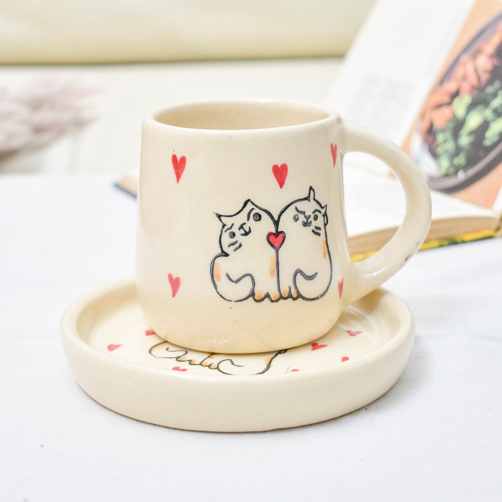 Tea Cup & Small Coaster Set - Cat Couple