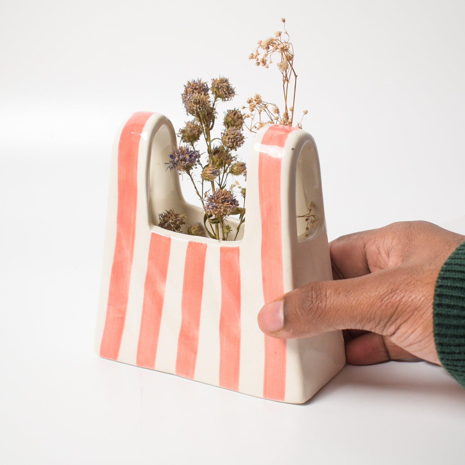 Small Bag Ceramic Vase - Pink Stripe