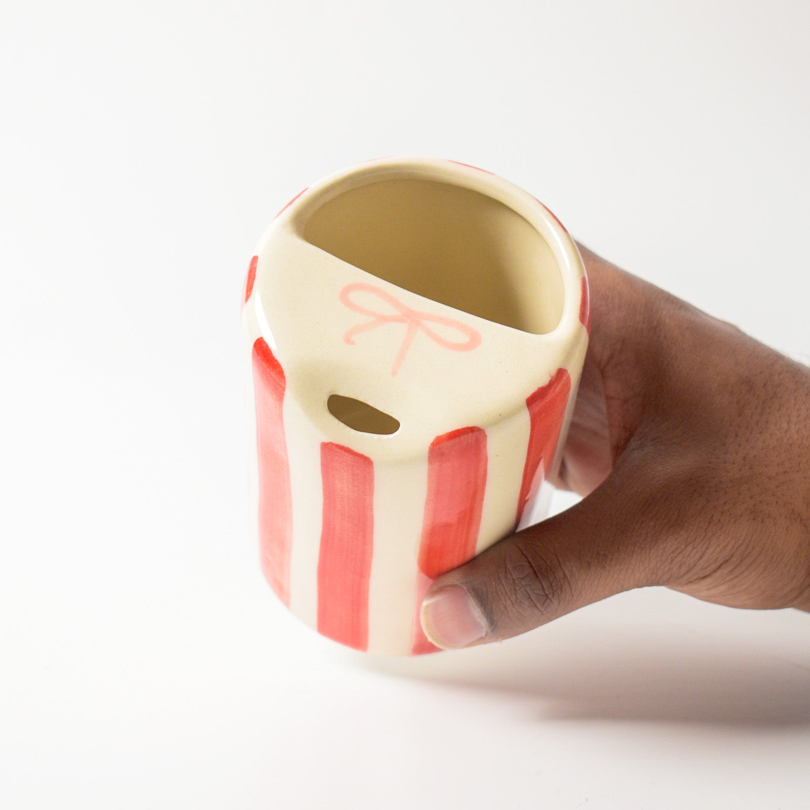 Ceramic Sip Tumbler - Red Striped Bow
