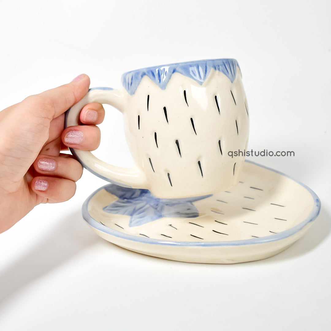 White/Purple Strawberry Tea Cup & Plate Set