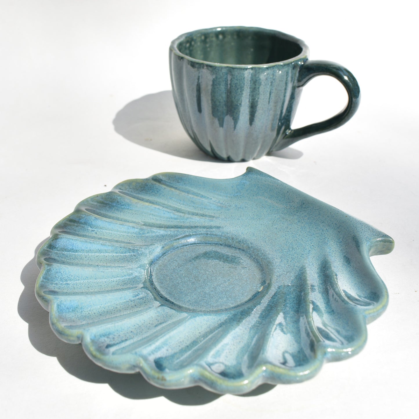 Ceramic Teal Cup and Seashell Coaster Set