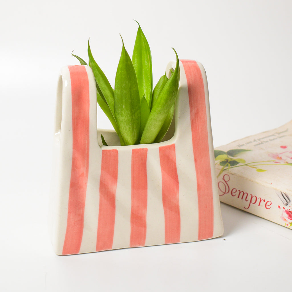 Small Bag Ceramic Vase - Pink Stripe