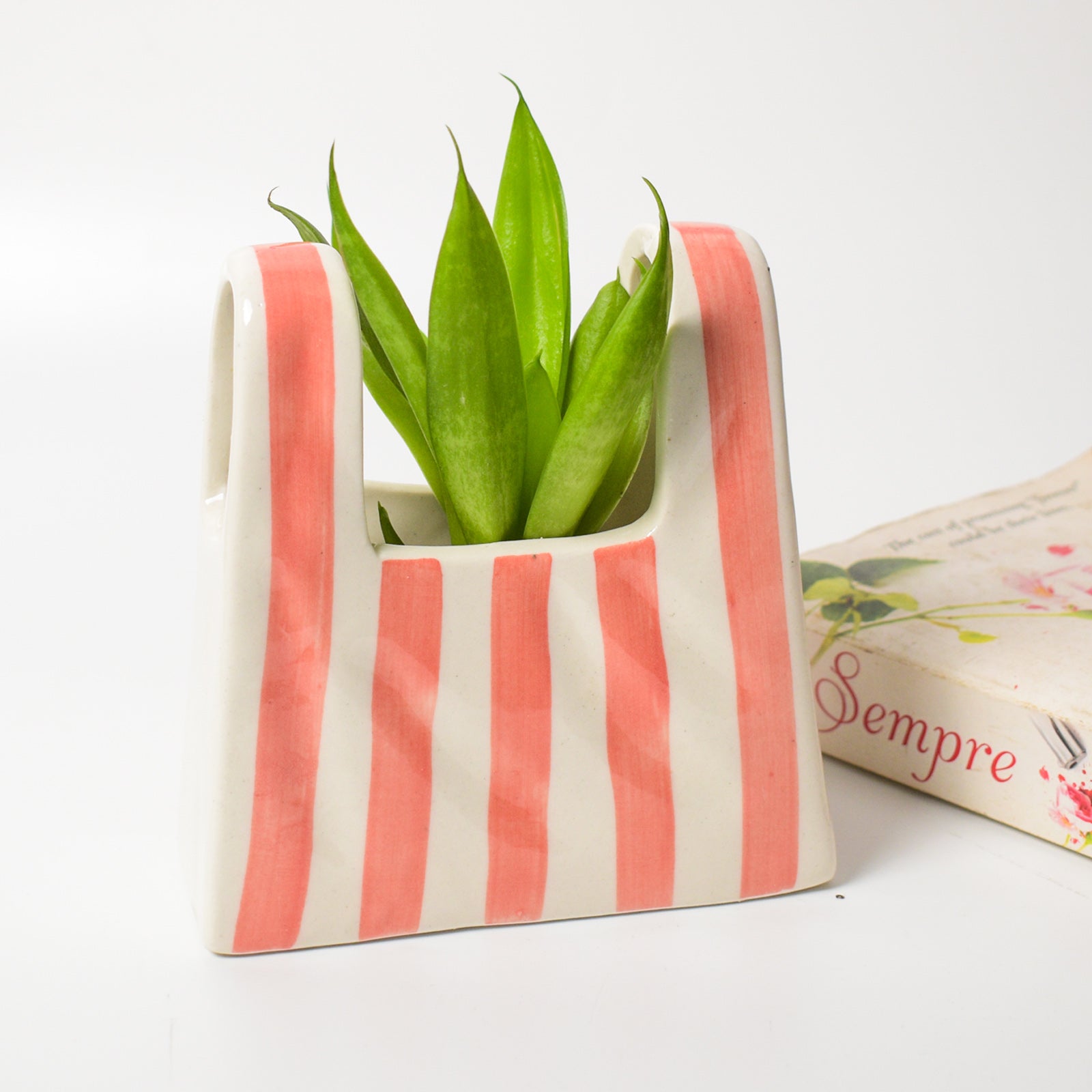 Small Bag Ceramic Vase - Pink Stripe