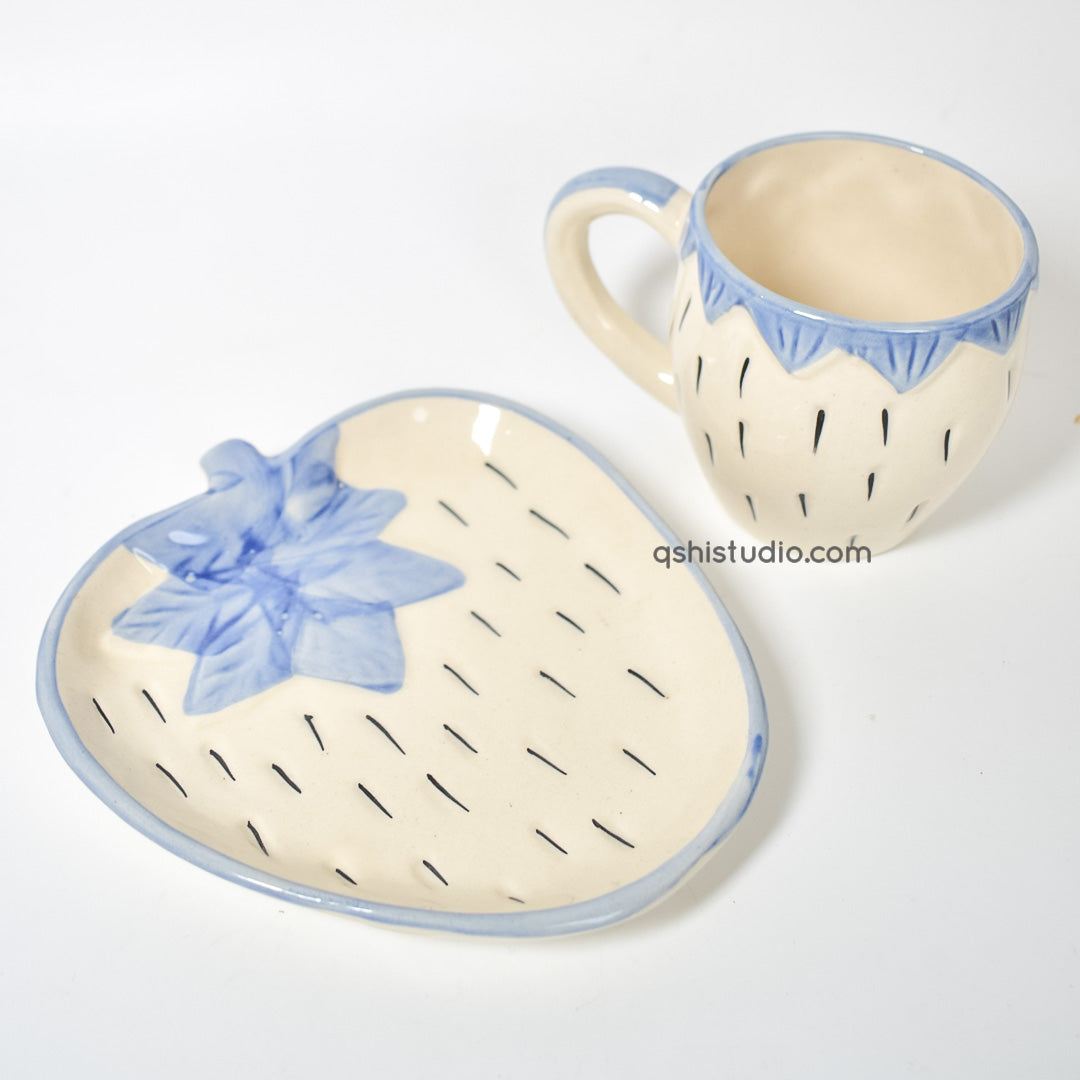 White/Purple Strawberry Tea Cup & Plate Set