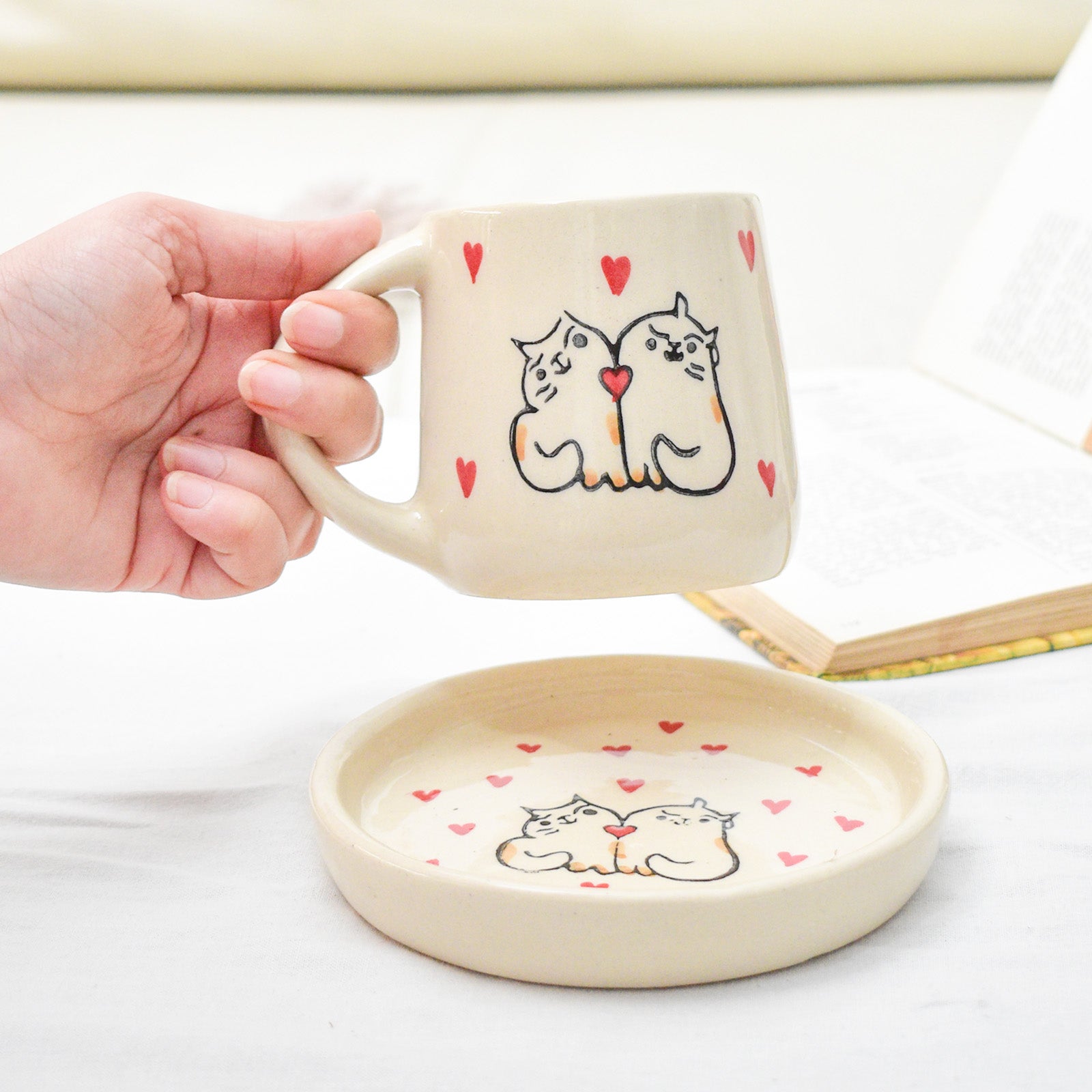 Tea Cup & Small Coaster Set - Cat Couple