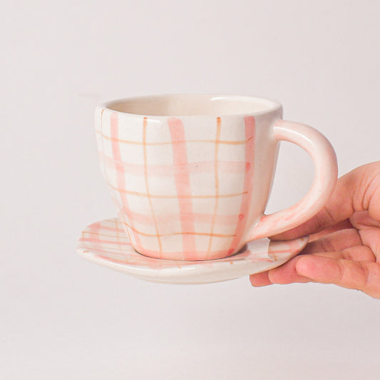 Handmade Cute Ceramic mug & Coaster Set - Plaid