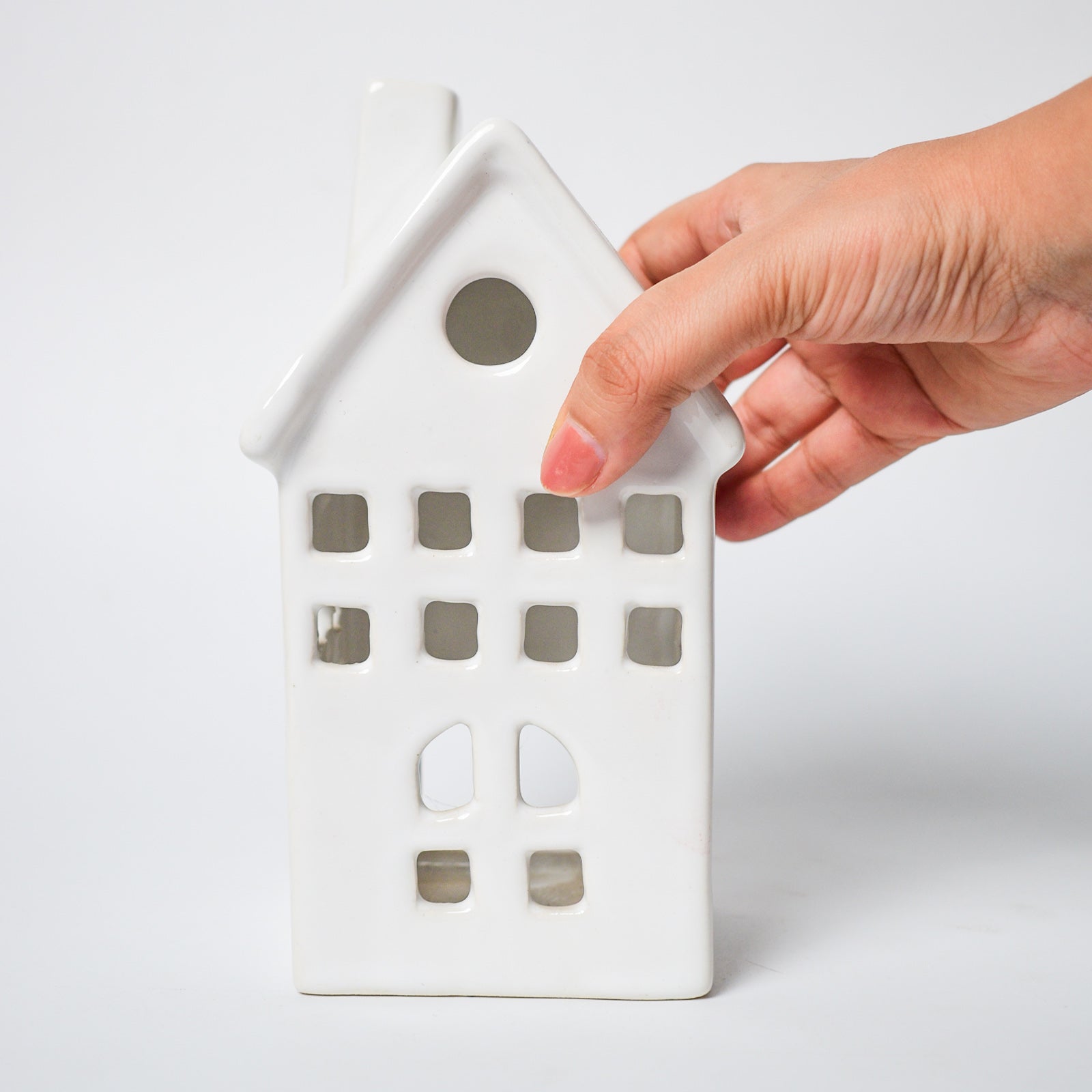 Ceramic Tealight\Dhoop light holder  - White tall house