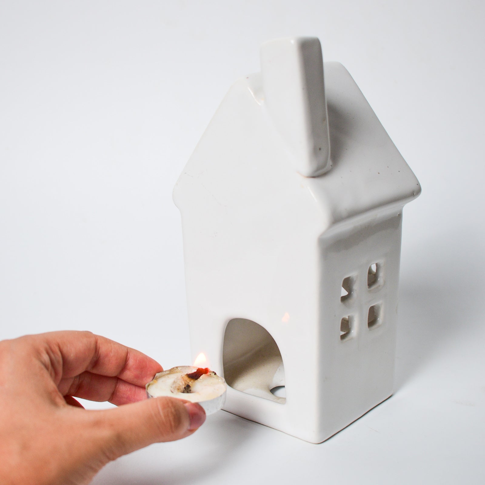 Ceramic Tealight\Dhoop light holder  - White tall house