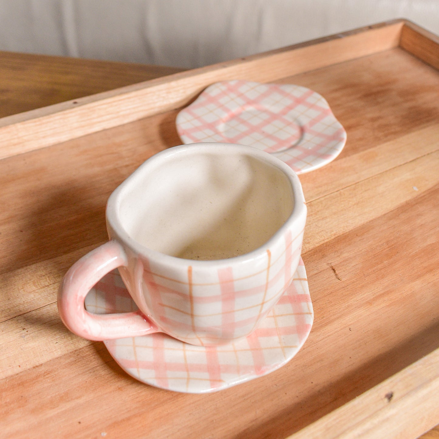 Handmade Cute Ceramic mug & Coaster Set - Plaid