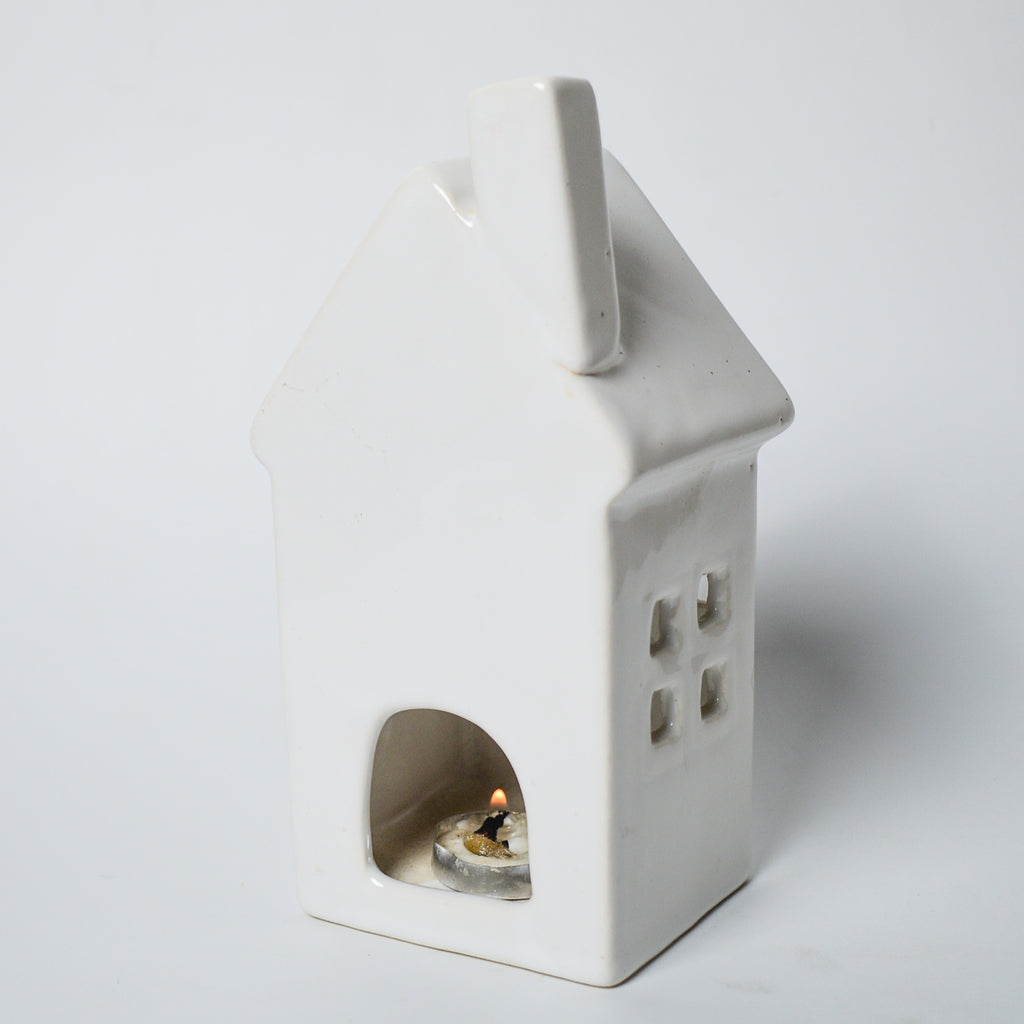 Ceramic Tealight\Dhoop light holder  - White tall house