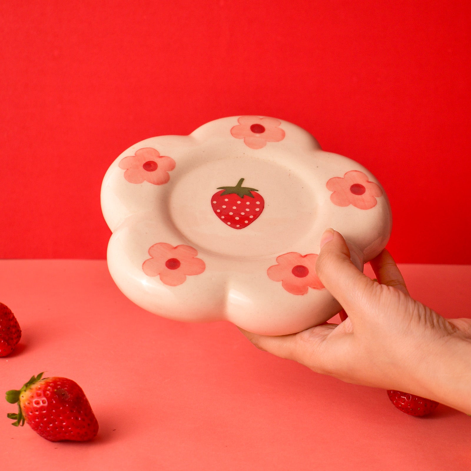 Ceramic Tea Cup & Coaster Set - Strawberry Flowers