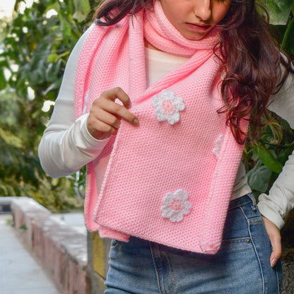 Hand-Knit Pink Floral Scarf for Women - Sakura