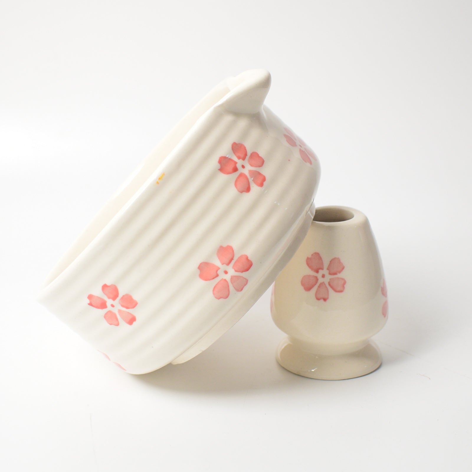 Ceramic Matcha Bowl & Whisk Holder - Cherry Blossom