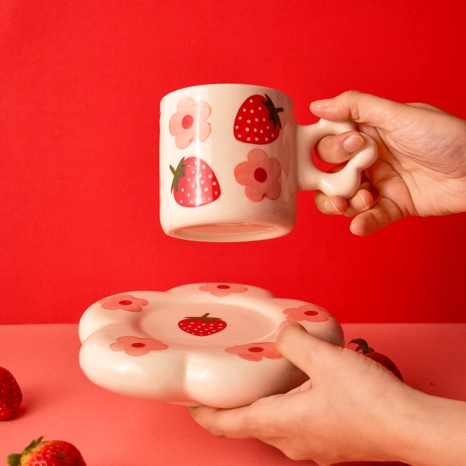 Ceramic Tea Cup & Coaster Set - Strawberry Flowers