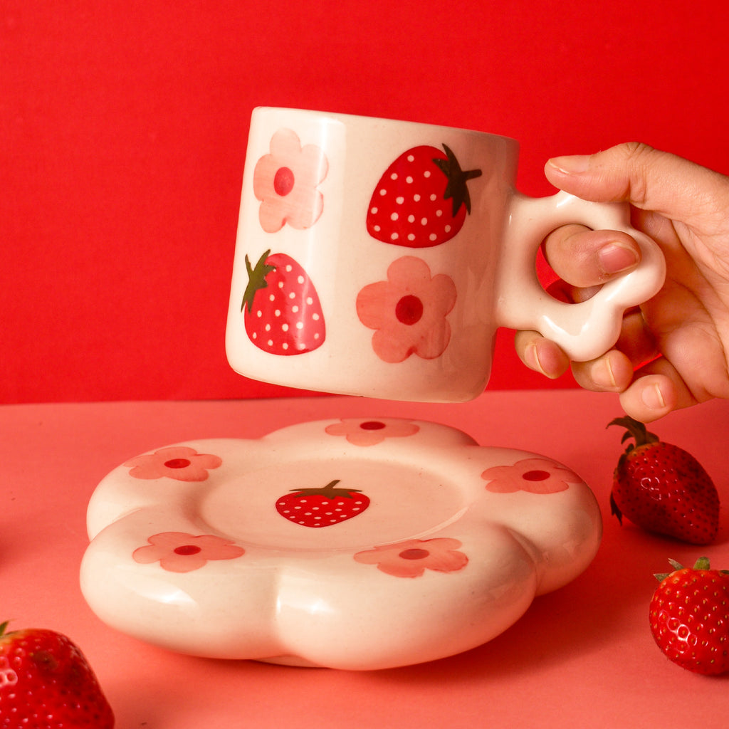 Ceramic Tea Cup & Coaster Set - Strawberry Flowers