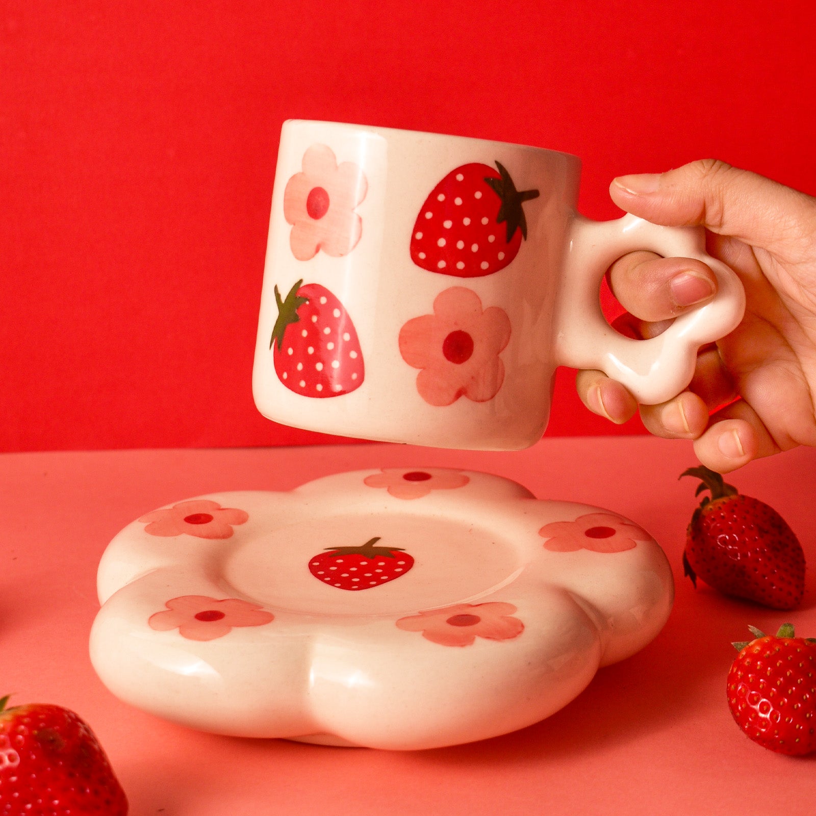Ceramic Tea Cup & Coaster Set - Strawberry Flowers