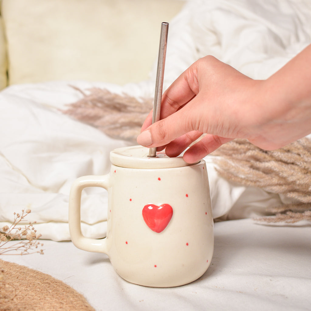 Coffee mug with Lid and Straw - Dotty Heart