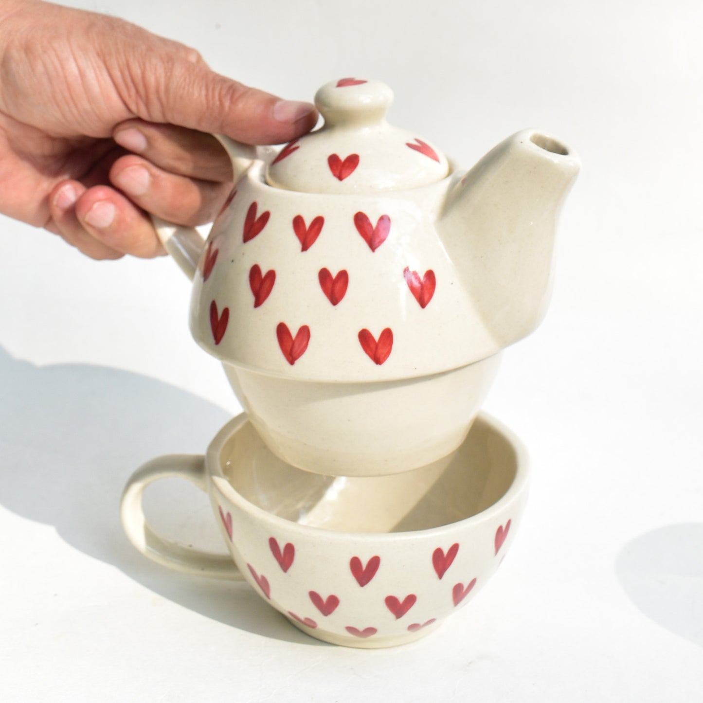 Ceramic Tea Pot & Cup Set - Red Hearts