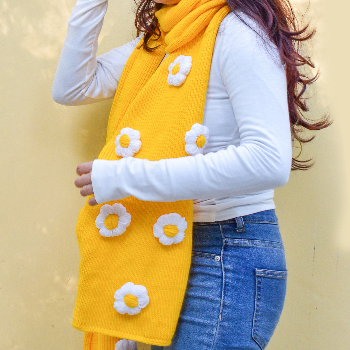 Yellow Floral Scarf Hand-Knit for Women- Daisy