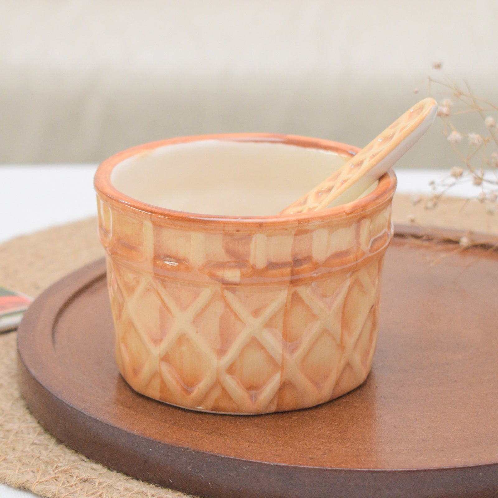 Ceramic Dessert Bowl With Matching Spoon - Waffle