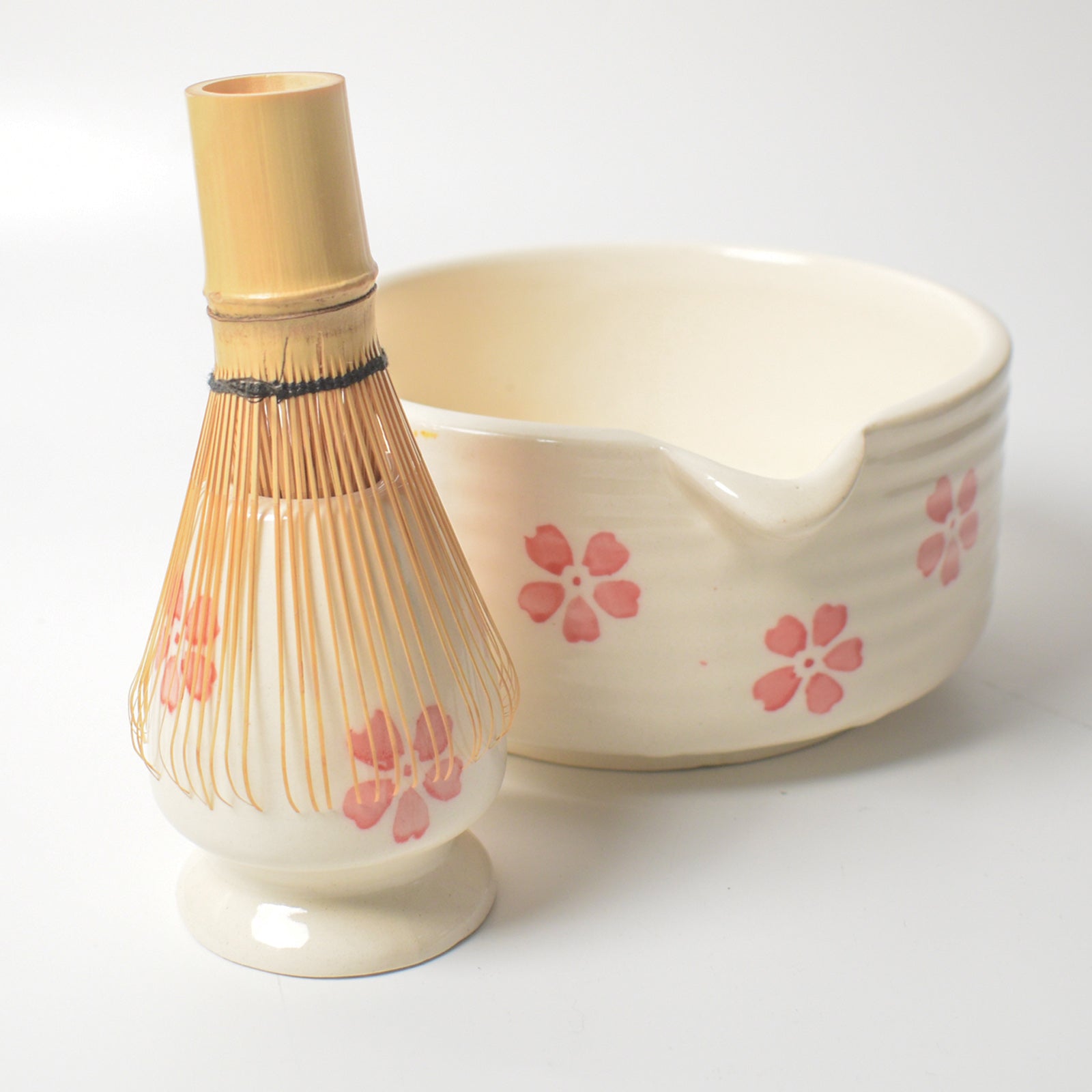 Ceramic Matcha Bowl & Whisk Holder - Cherry Blossom