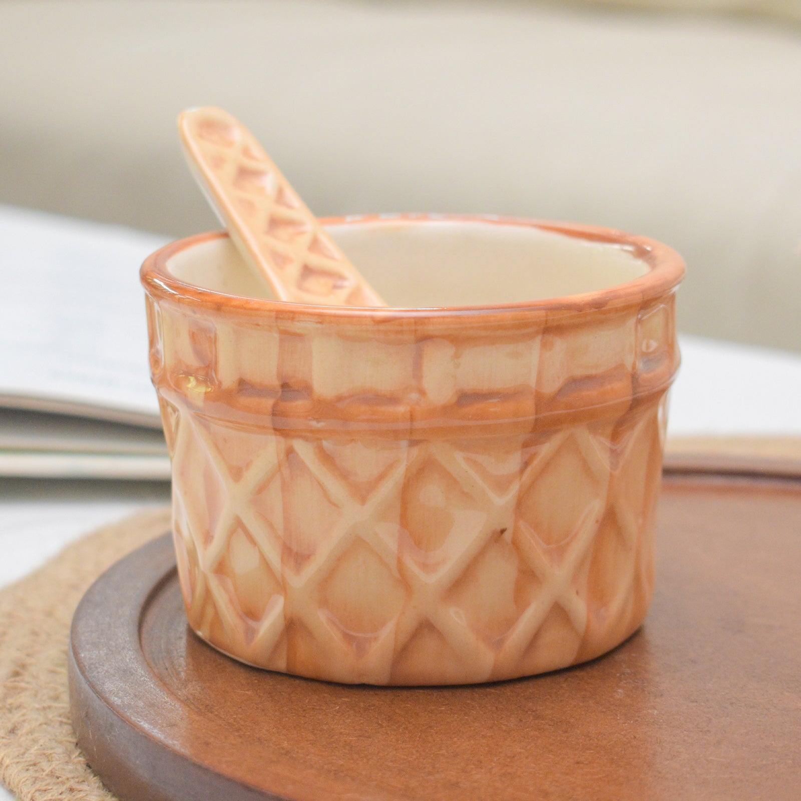 Ceramic Dessert Bowl With Matching Spoon - Waffle