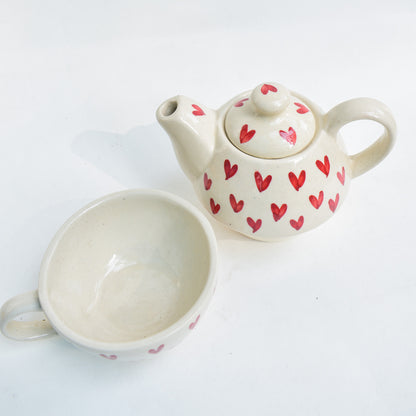 Ceramic Tea Pot & Cup Set - Red Hearts