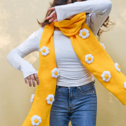 Yellow Floral Scarf Hand-Knit for Women- Daisy