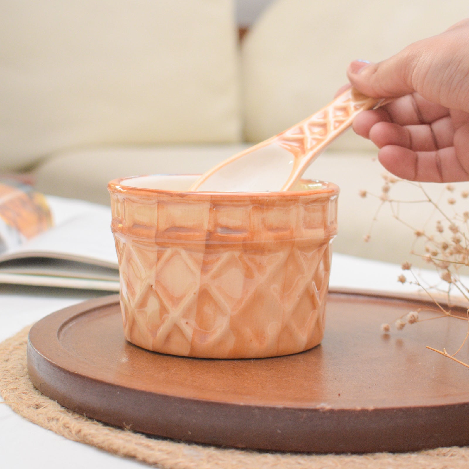 Ceramic Dessert Bowl With Matching Spoon - Waffle