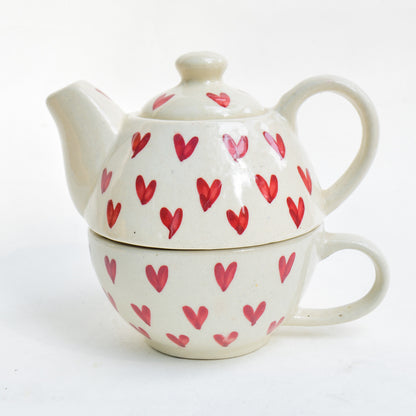 Ceramic Tea Pot & Cup Set - Red Hearts