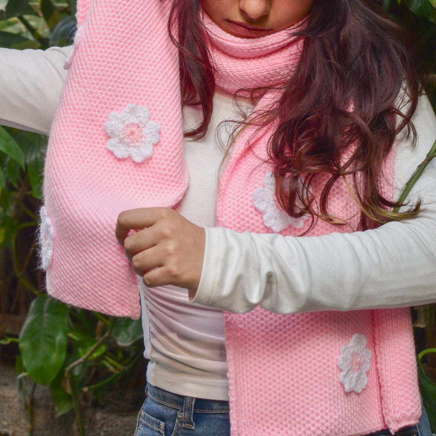 Hand-Knit Pink Floral Scarf for Women - Sakura