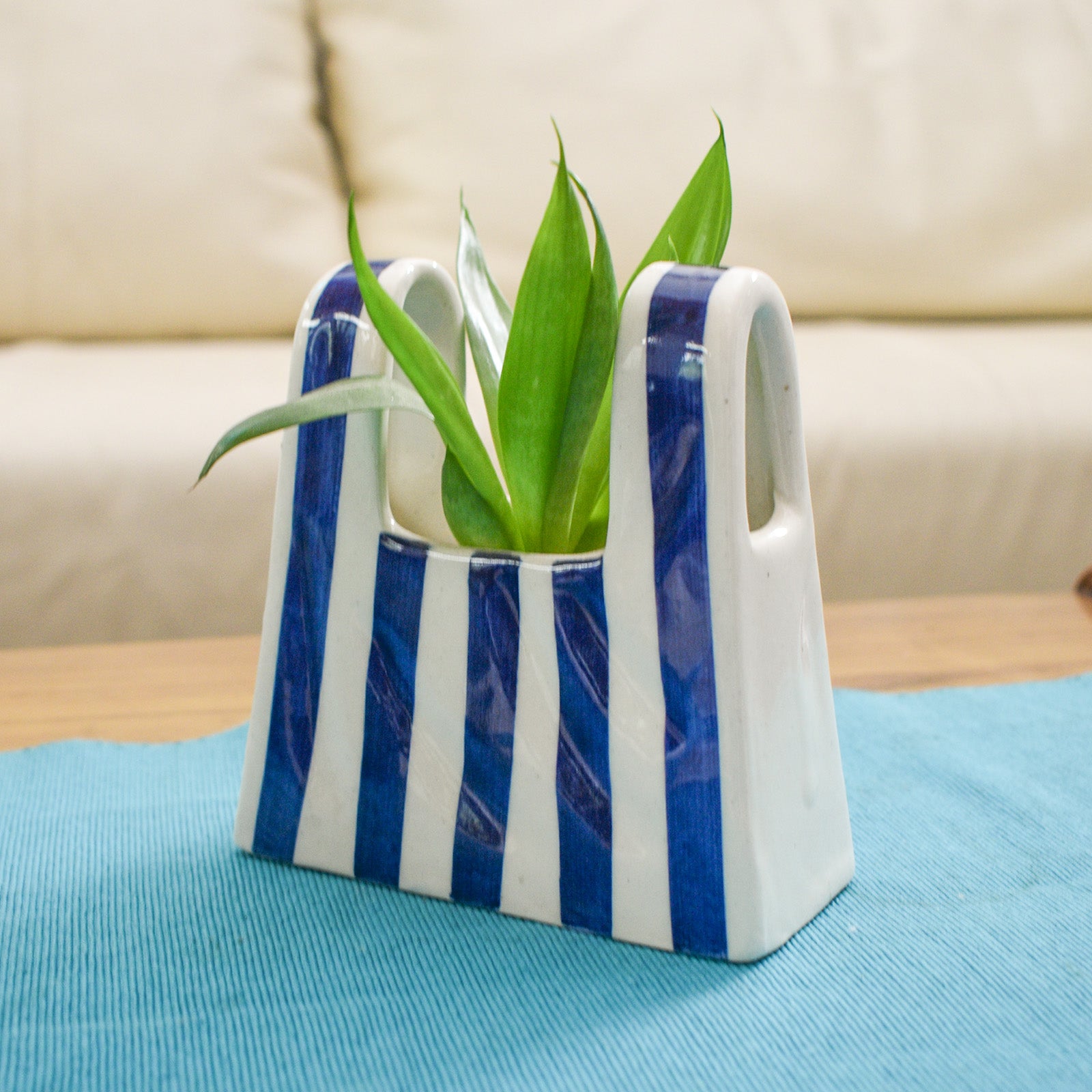 Small Bag Ceramic Vase - Blue Stripe
