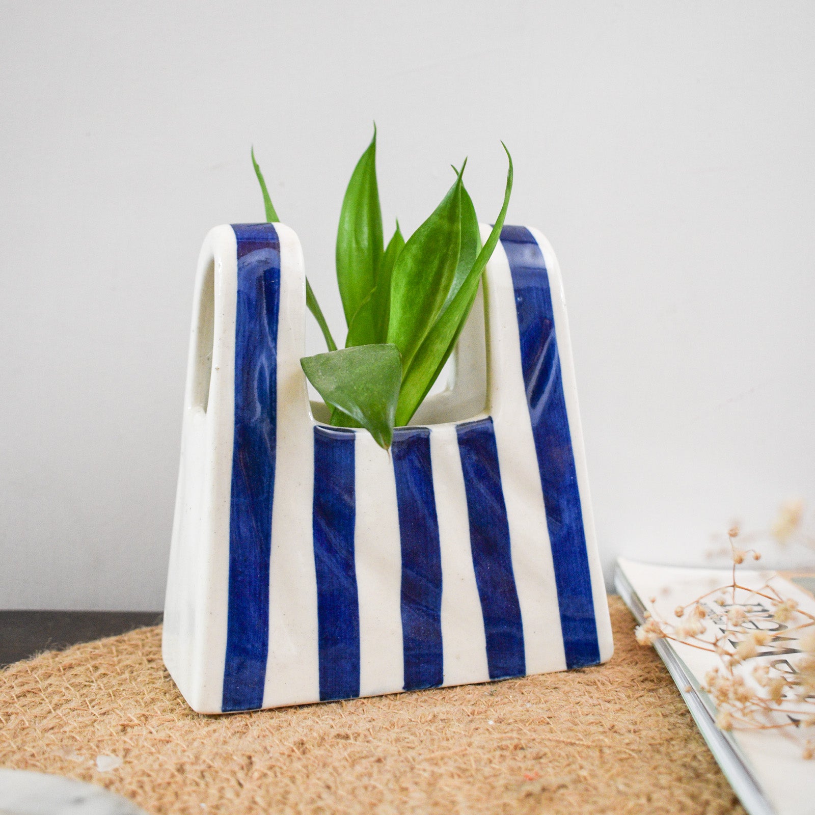 Small Bag Ceramic Vase - Blue Stripe