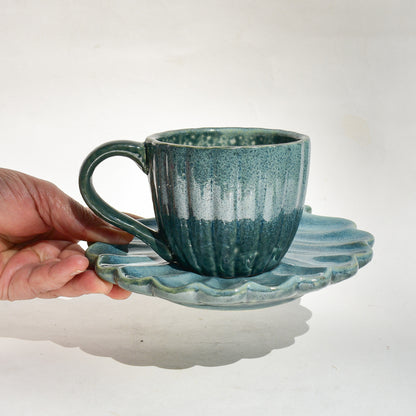 Ceramic Teal Cup and Seashell Coaster Set