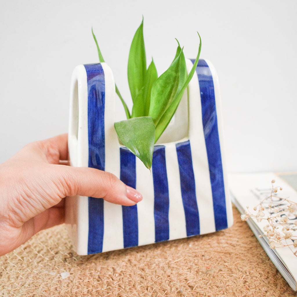 Small Bag Ceramic Vase - Blue Stripe