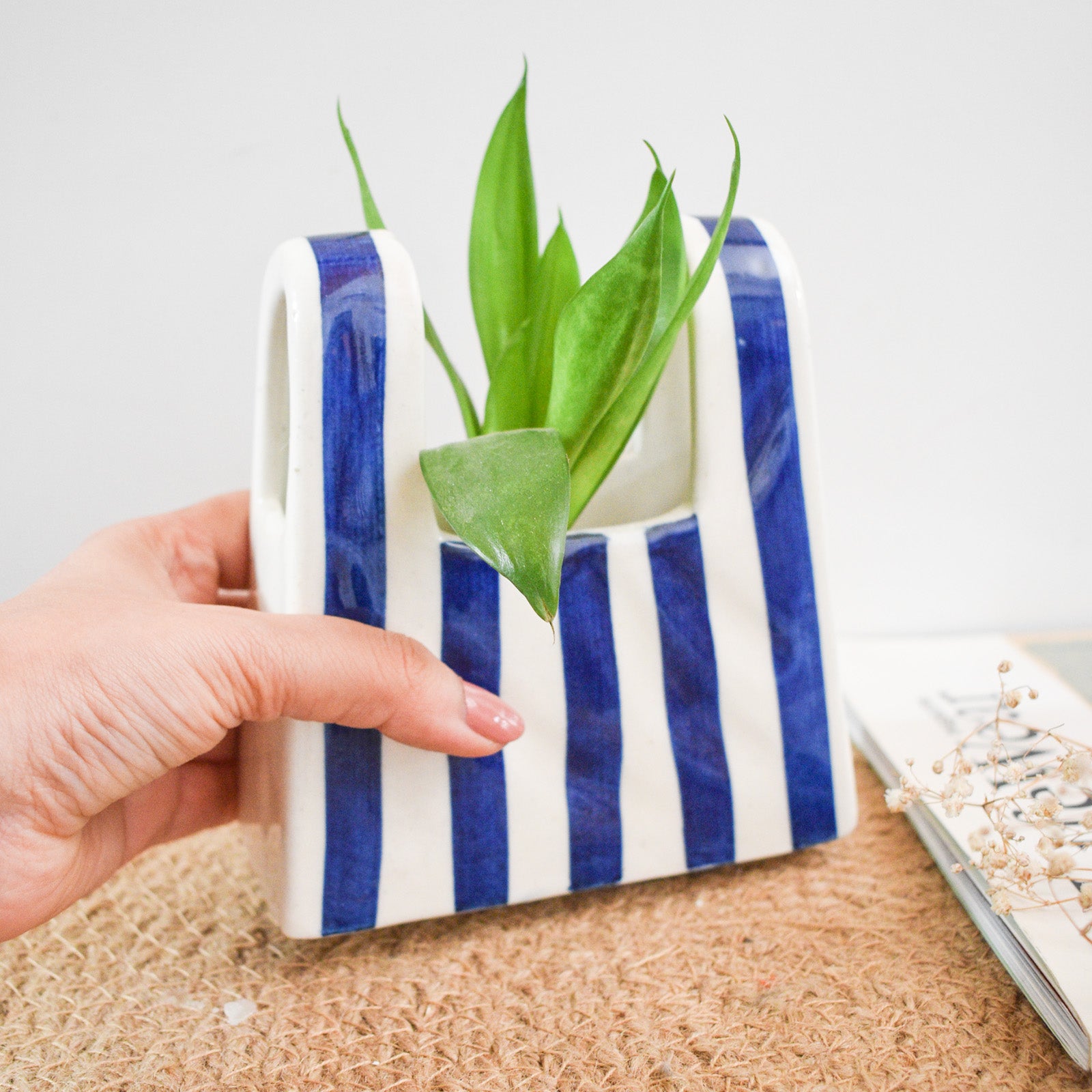 Small Bag Ceramic Vase - Blue Stripe