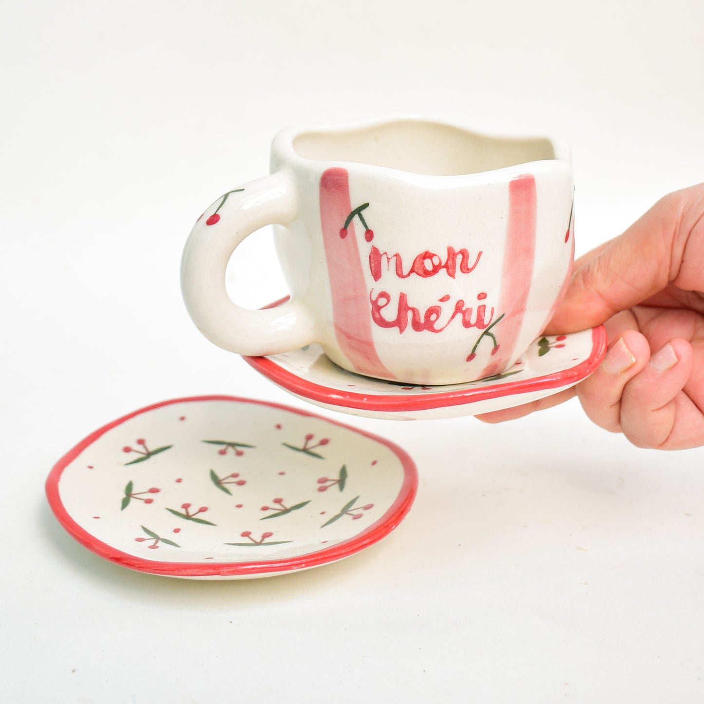 Stylish Handmade Ceramic Coaster - Cherry Design