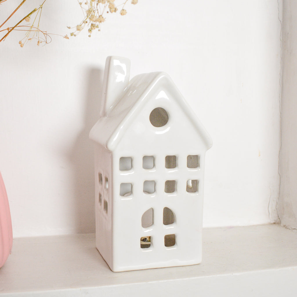 Ceramic Tealight\Dhoop light holder  - White tall house